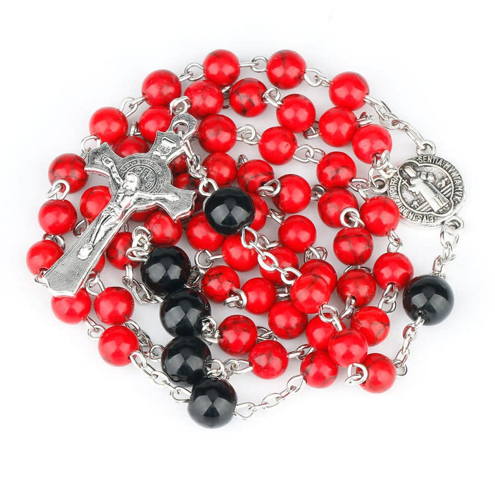 Christianartworkshop Médaille de Saint Benoît et crucifix en alliage de turquoise rouge ronde de 6 mm, chapelet - Rouge - image 0