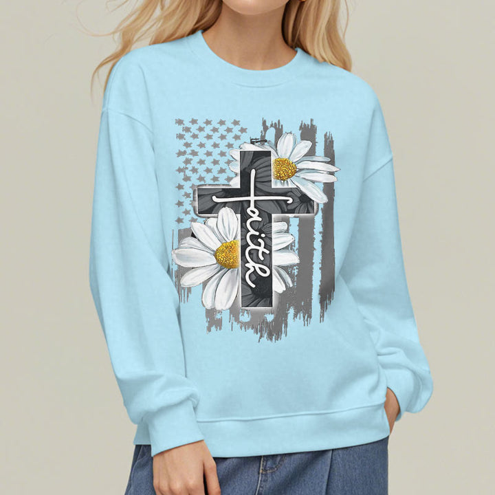Sweat-shirt en polyester doublé polaire style moderne Christianartworkshop, motif croix et marguerites - image 2