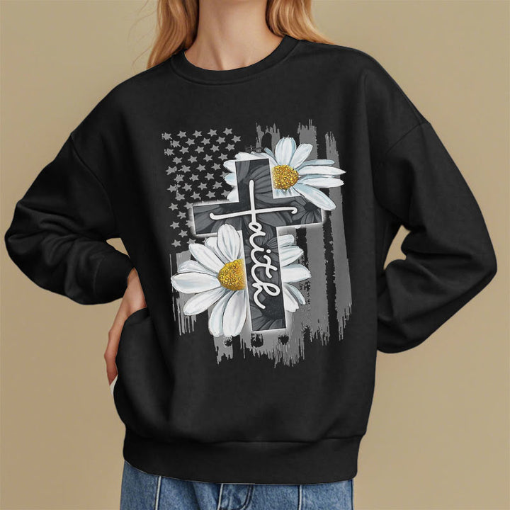 Sweat-shirt en polyester doublé polaire style moderne Christianartworkshop, motif croix et marguerites - image 7