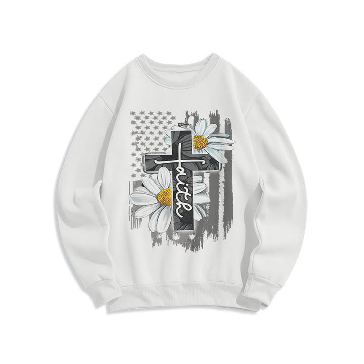 Sweat-shirt en polyester doublé polaire style moderne Christianartworkshop, motif croix et marguerites - Blanc - 2XL - image 10
