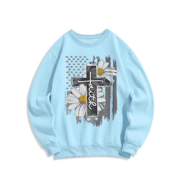 Sweat-shirt en polyester doublé polaire style moderne Christianartworkshop, motif croix et marguerites - Bleu - 2XL - image 0