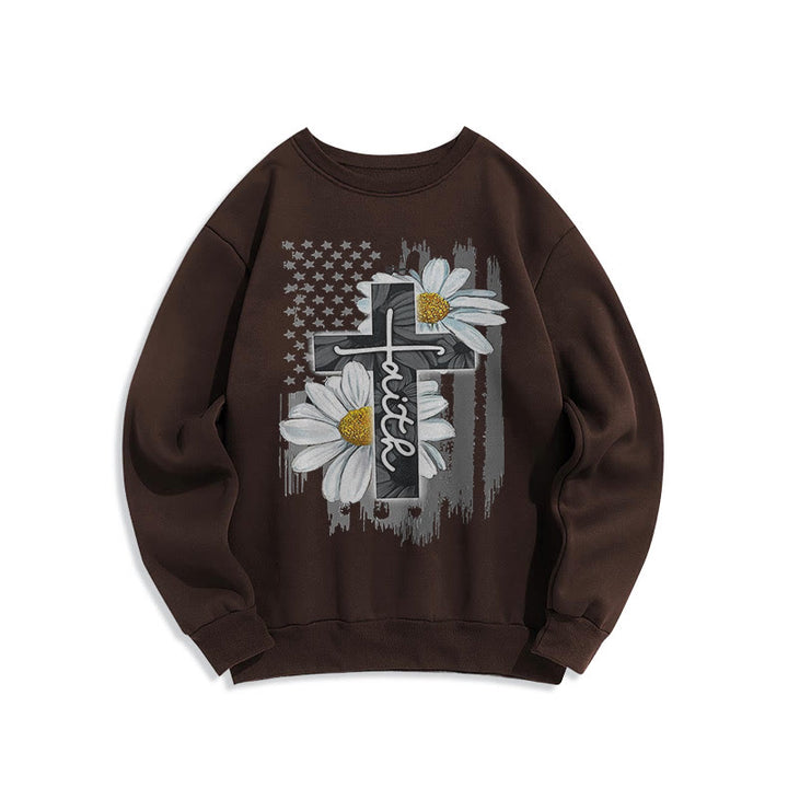 Sweat-shirt en polyester doublé polaire style moderne Christianartworkshop, motif croix et marguerites - Brun - 2XL - image 20