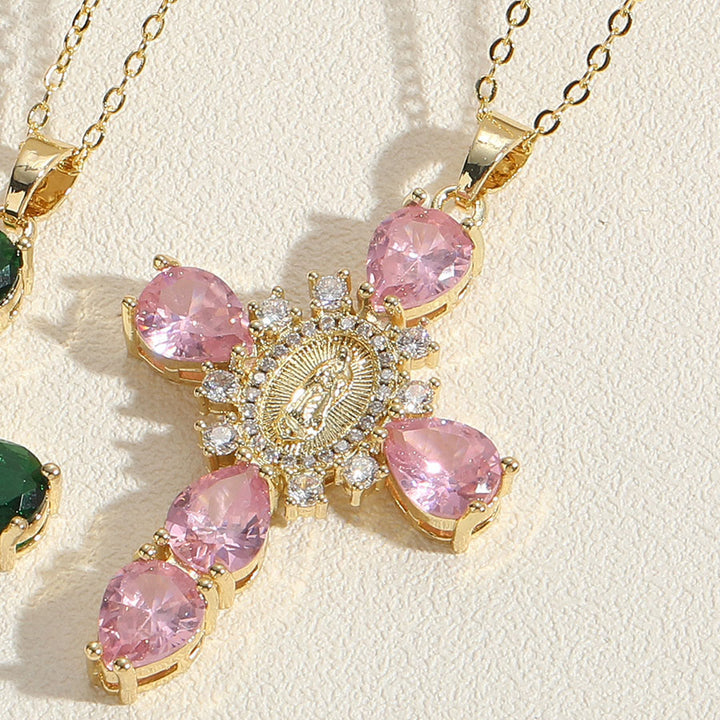Christianartworkshop Collier avec pendentif croix Notre-Dame de Guadalupe en zircon, style moderne - Rose - image 1