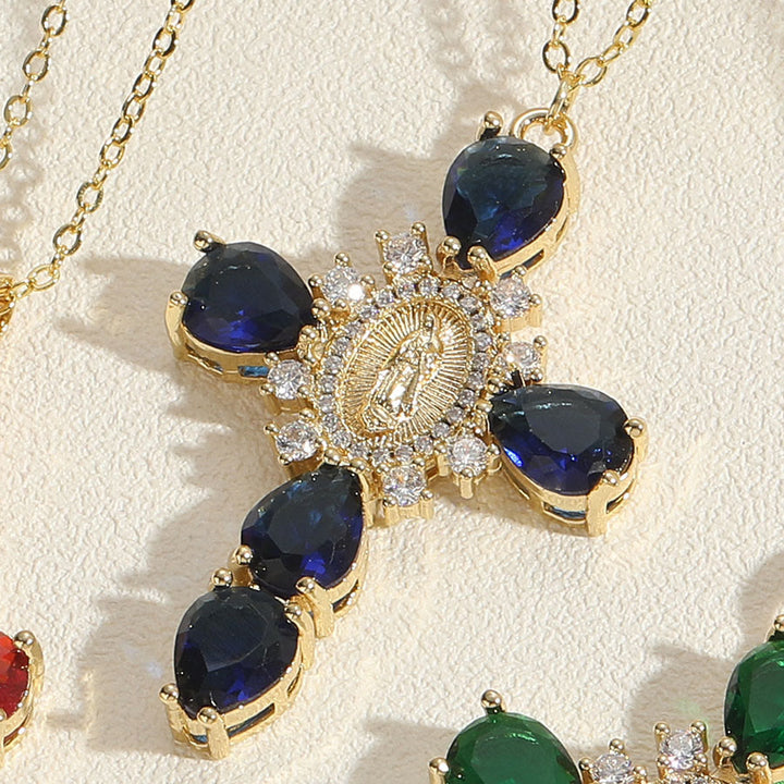 Christianartworkshop Collier avec pendentif croix Notre-Dame de Guadalupe en zircon, style moderne - Bleu - image 2