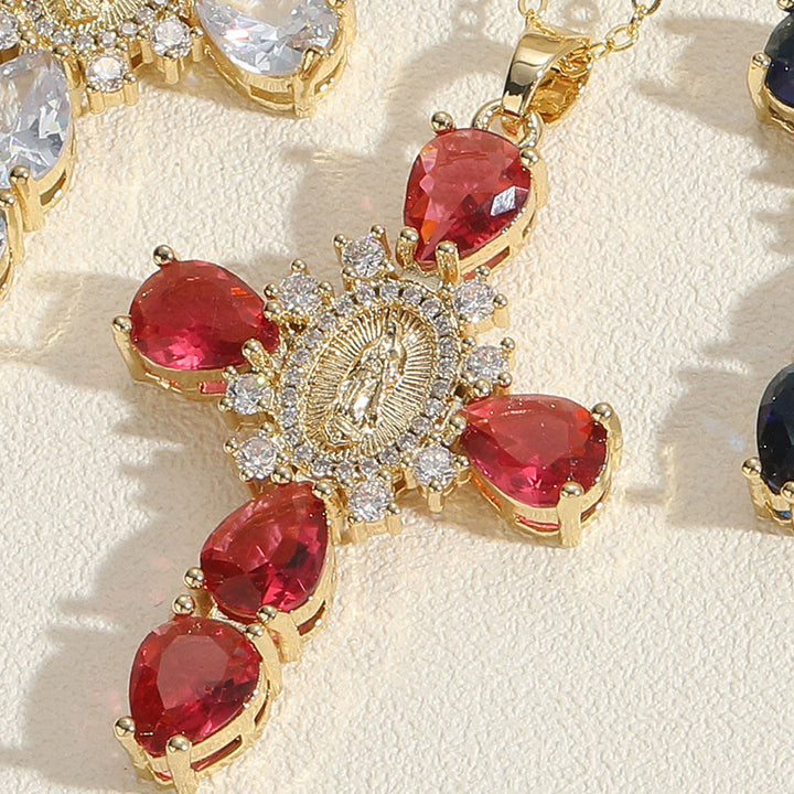 Christianartworkshop Collier avec pendentif croix Notre-Dame de Guadalupe en zircon, style moderne - Rouge - image 3