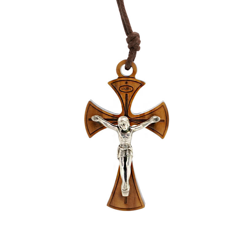 Christianartworkshop Collier pendentif croix crucifix en bois d'olivier courbé de style classique - image 2