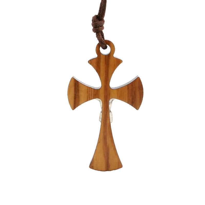 Christianartworkshop Collier pendentif croix crucifix en bois d'olivier courbé de style classique - image 3