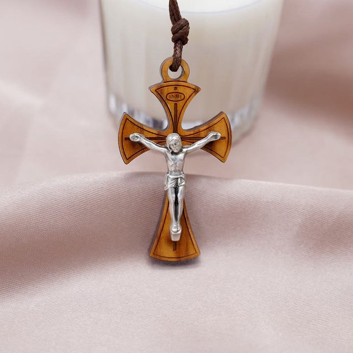 Christianartworkshop Collier pendentif croix crucifix en bois d'olivier courbé de style classique - Crucifix - image 0