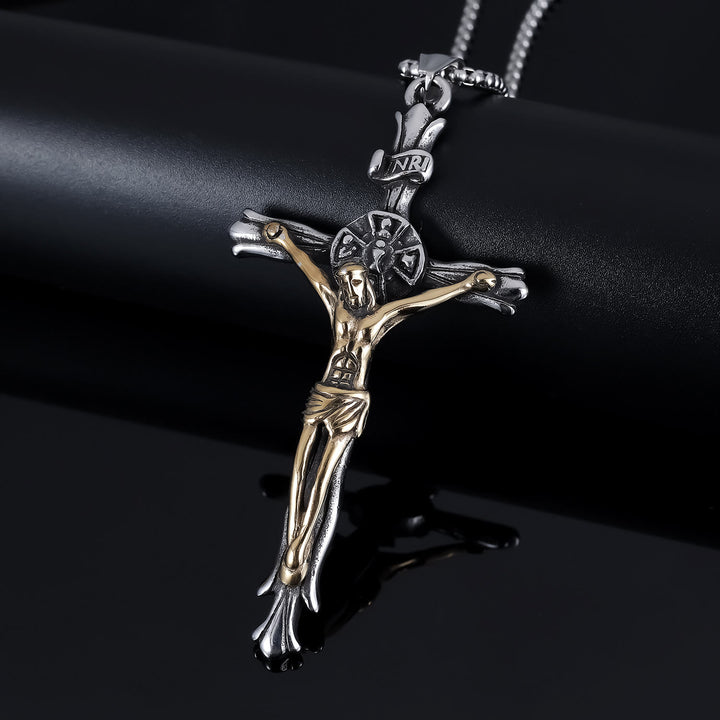 Christianartworkshop Collier croix crucifix style classique INRI avec plaque Jésus et symbole de foi sacrée - Argent et or - image 1