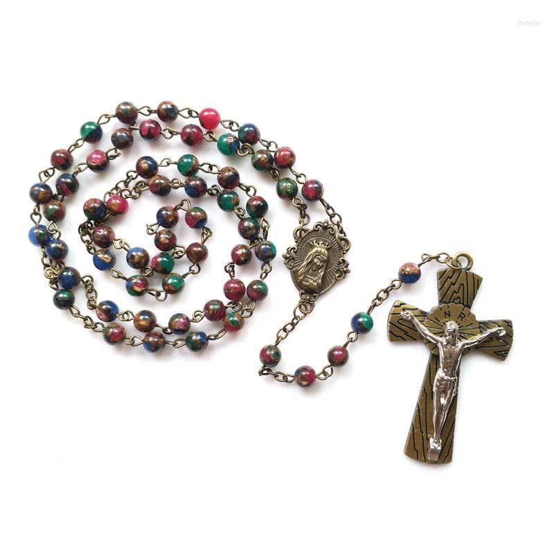 Christianartworkshop Chapelet en alliage avec pierre multicolore ronde de 6 mm et croix de la Vierge Marie - Vierge Marie et crucifix - image 0