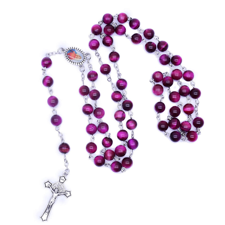 Christianartworkshop Chapelet en alliage avec pierre violette ronde de 8 mm, orné du Cœur Immaculé de Marie et d'un crucifix - image 1