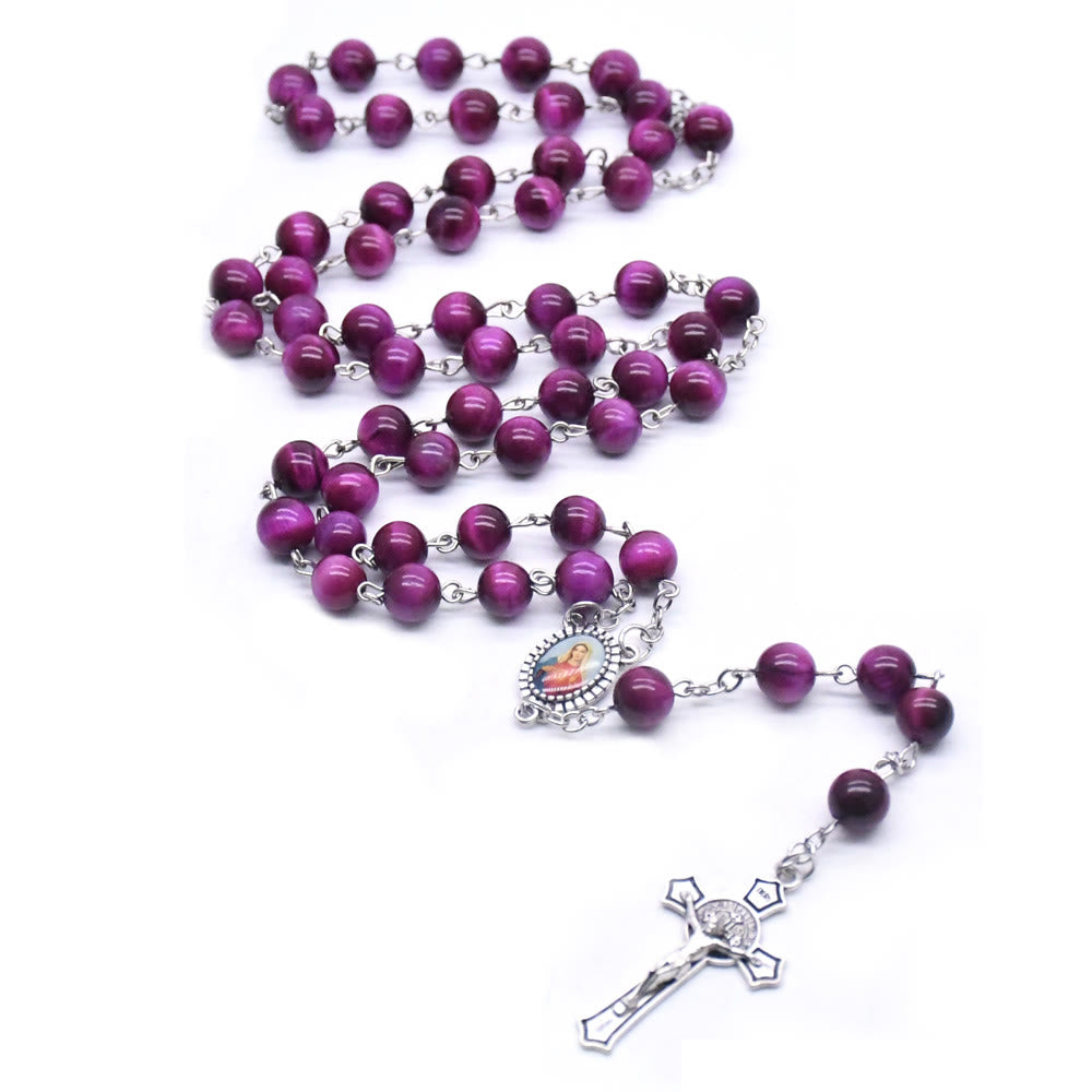 Christianartworkshop Chapelet en alliage avec pierre violette ronde de 8 mm, orné du Cœur Immaculé de Marie et d'un crucifix - image 3