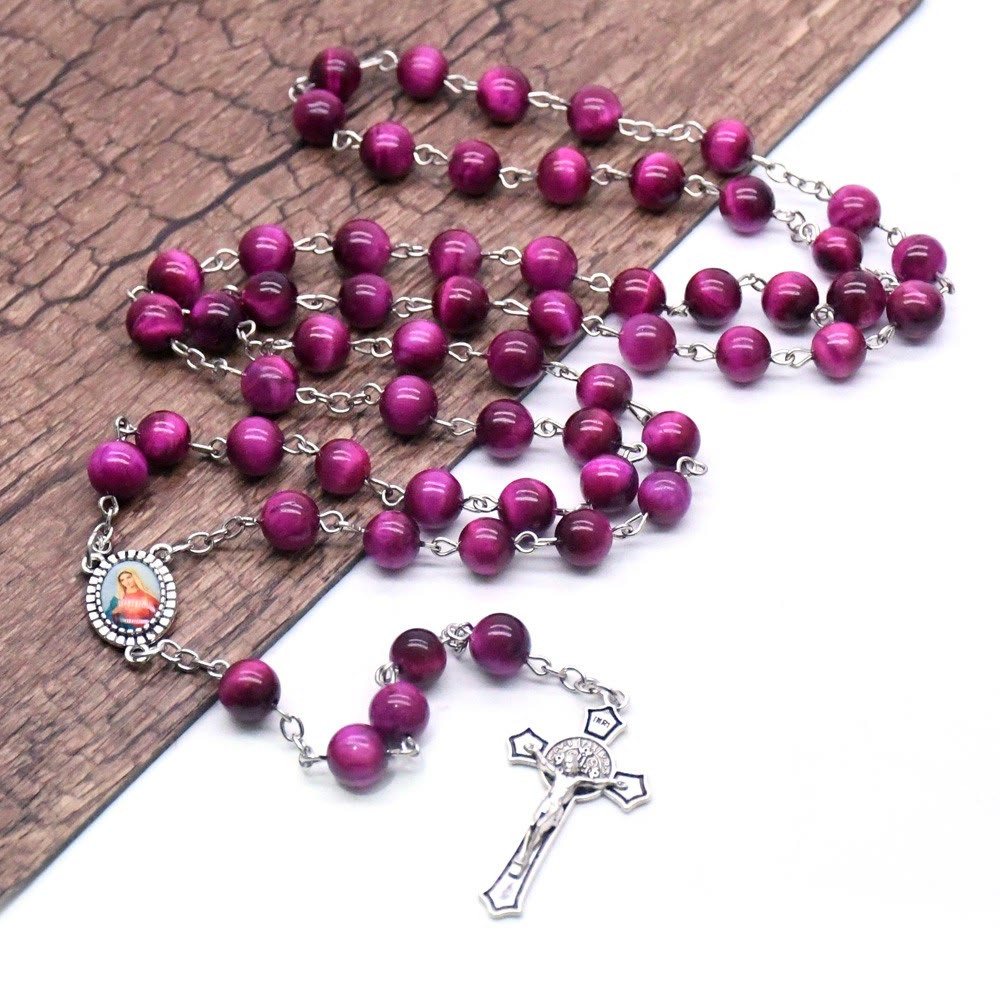 Christianartworkshop Chapelet en alliage avec pierre violette ronde de 8 mm, orné du Cœur Immaculé de Marie et d'un crucifix - Cœur Immaculé de Marie et Crucifix - image 0