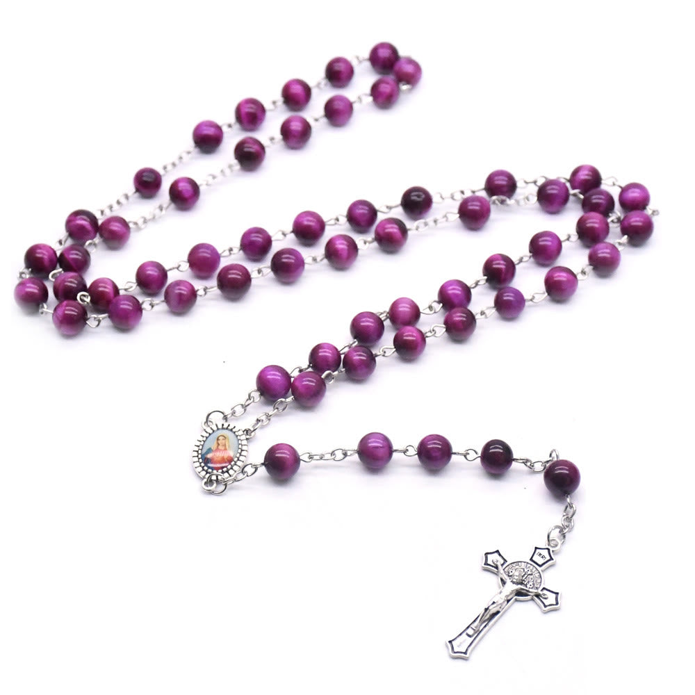 Christianartworkshop Chapelet en alliage avec pierre violette ronde de 8 mm, orné du Cœur Immaculé de Marie et d'un crucifix - image 2