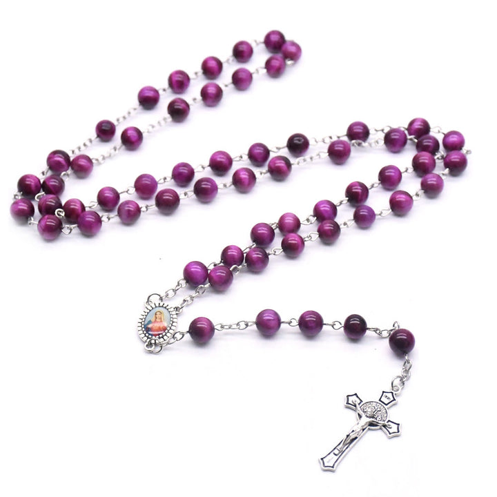 Christianartworkshop Chapelet en alliage avec pierre violette ronde de 8 mm, orné du Cœur Immaculé de Marie et d'un crucifix - image 2