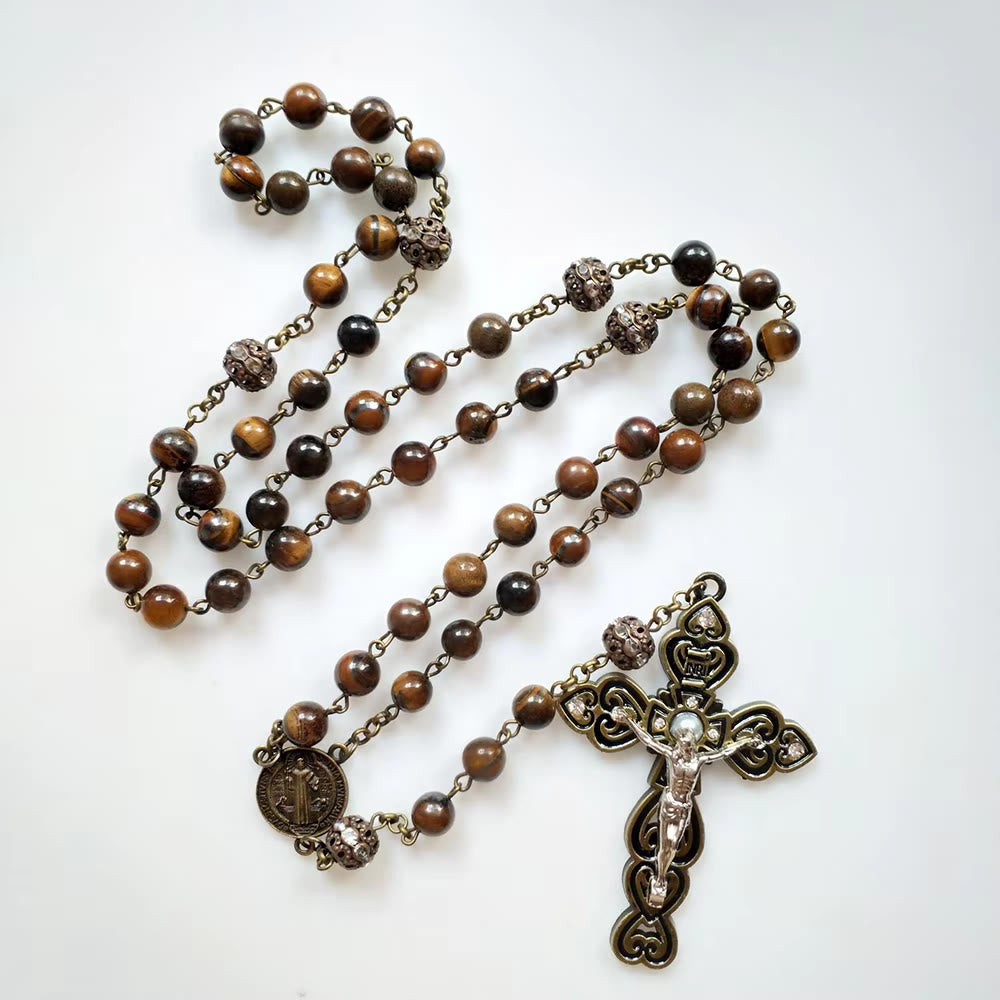 Christianartworkshop Chapelet en alliage avec pierre ronde brune de 8 mm et crucifix, orné d'un pendentif Saint Benoît et d'une chaîne en pierre de 8 mm. - image 4