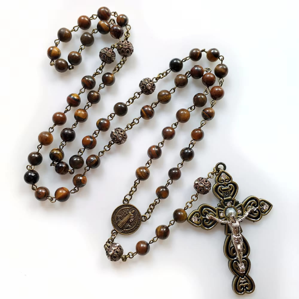 Christianartworkshop Chapelet en alliage avec pierre ronde brune de 8 mm et crucifix, orné d'un pendentif Saint Benoît et d'une chaîne en pierre de 8 mm. - image 3