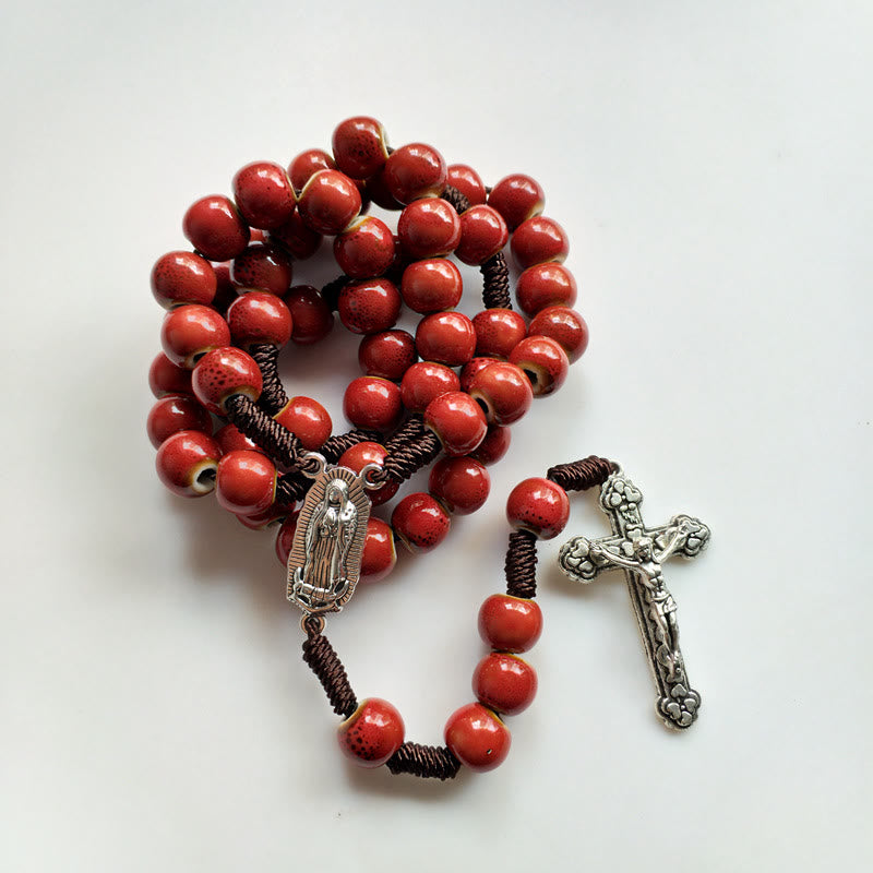 Christianartworkshop Chapelet Notre-Dame de Guadalupe et crucifix en céramique rouge ronde de 10 mm avec cordon en nylon - image 5