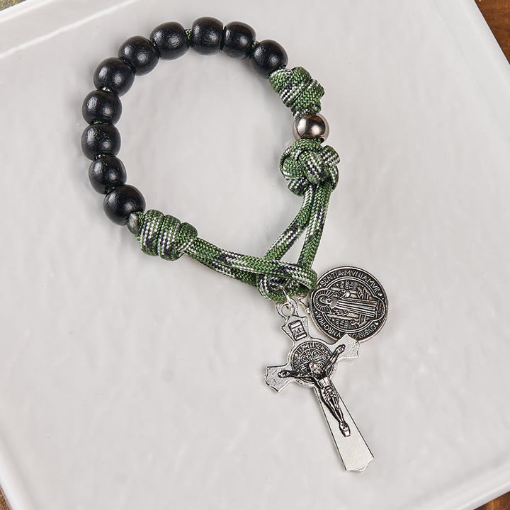 Christianartworkshop Médaille et crucifix de saint Benoît, ronds, en bois noir, avec cordon vert, chapelet de poche. - image 3