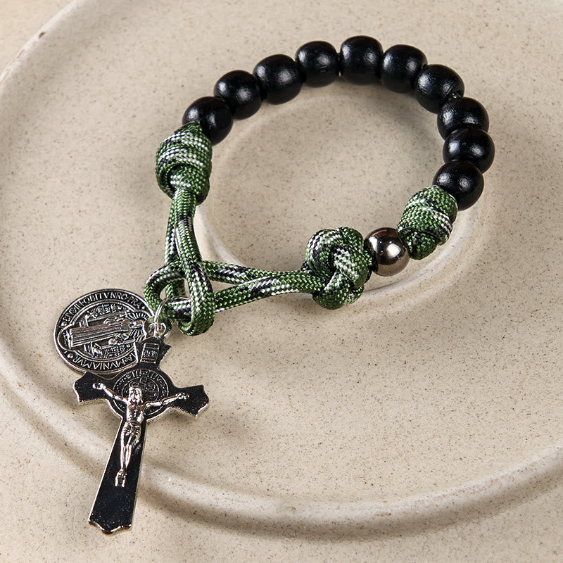 Christianartworkshop Médaille et crucifix de saint Benoît, ronds, en bois noir, avec cordon vert, chapelet de poche. - image 5