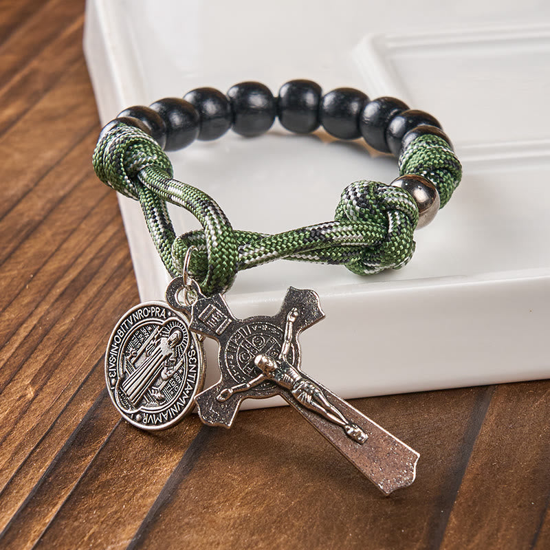 Christianartworkshop Médaille et crucifix de saint Benoît, ronds, en bois noir, avec cordon vert, chapelet de poche. - image 4