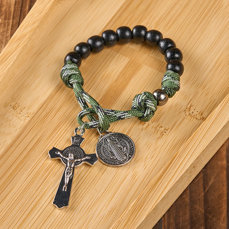Christianartworkshop Médaille et crucifix de saint Benoît, ronds, en bois noir, avec cordon vert, chapelet de poche. - image 6