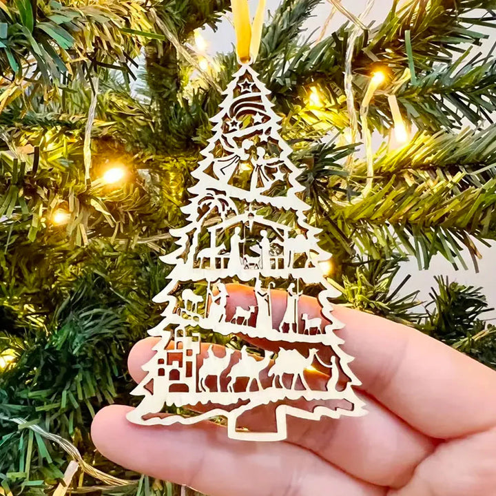 Christianartworkshop Crèche de Noël classique en bois en forme de sapin, décorations suspendues - Crèche - image 0