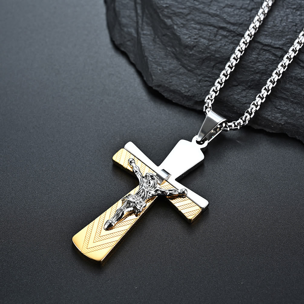 Christianartworkshop Collier crucifix moderne en acier inoxydable, symbole de la foi sacrée de Jésus - Argent et or - image 2