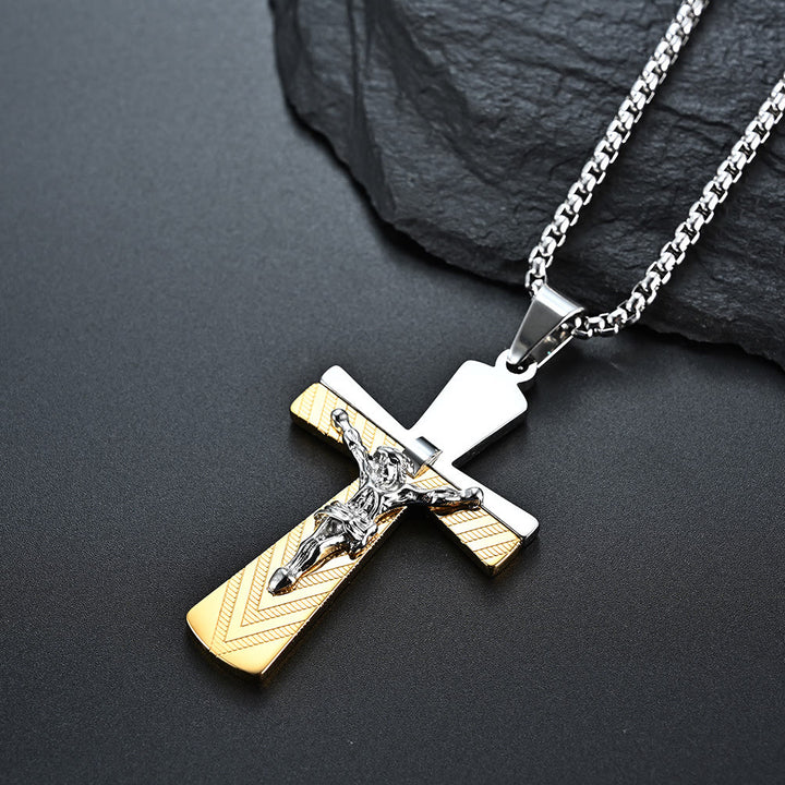 Christianartworkshop Collier crucifix moderne en acier inoxydable, symbole de la foi sacrée de Jésus - Argent et or - image 2