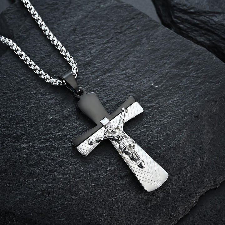 Christianartworkshop Collier crucifix moderne en acier inoxydable, symbole de la foi sacrée de Jésus - Argent et noir - image 3