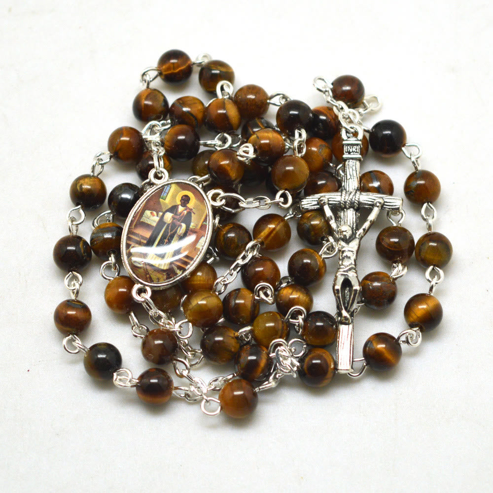 Christianartworkshop Chapelet en alliage avec pierre œil de tigre marron ronde de 6 mm et crucifix - image 2