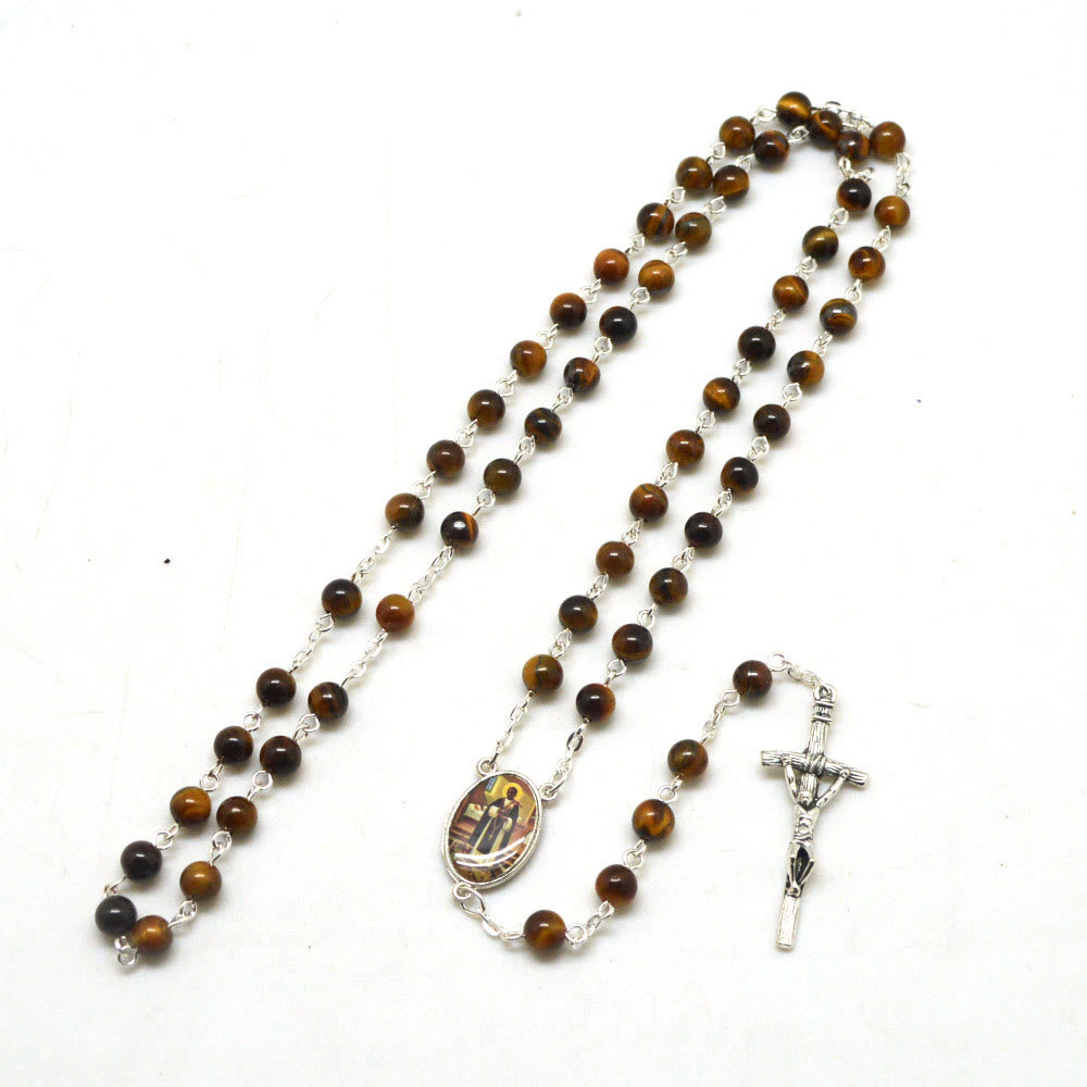 Christianartworkshop Chapelet en alliage avec pierre œil de tigre marron ronde de 6 mm et crucifix - Saint Martin et Crucifix - image 0