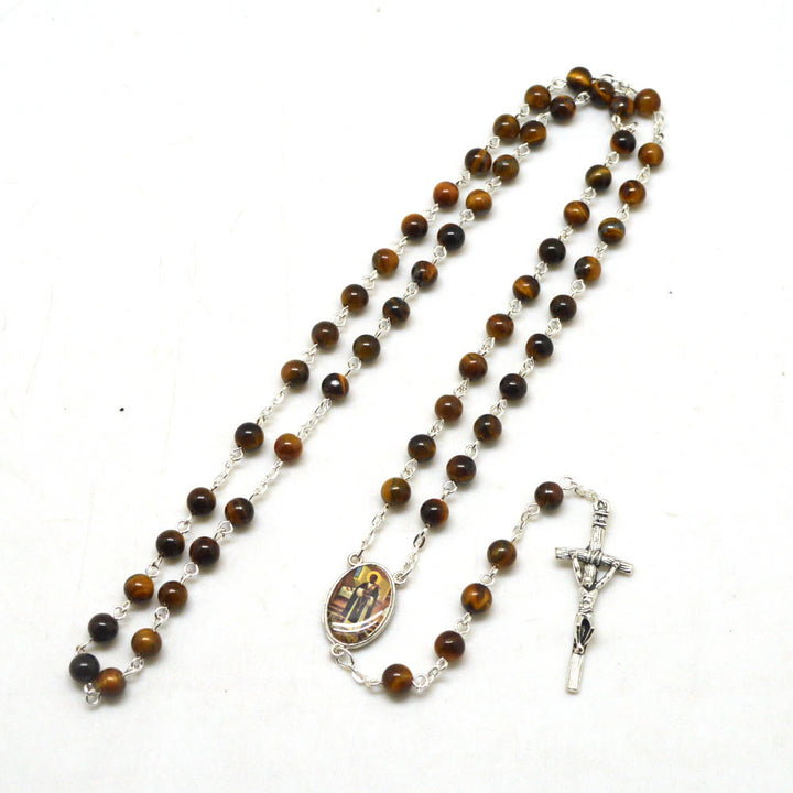 Christianartworkshop Chapelet en alliage avec pierre œil de tigre marron ronde de 6 mm et crucifix - Saint Martin et Crucifix - image 0
