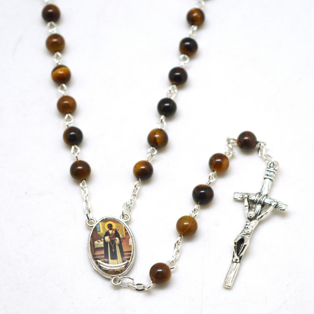 Christianartworkshop Chapelet en alliage avec pierre œil de tigre marron ronde de 6 mm et crucifix - image 1