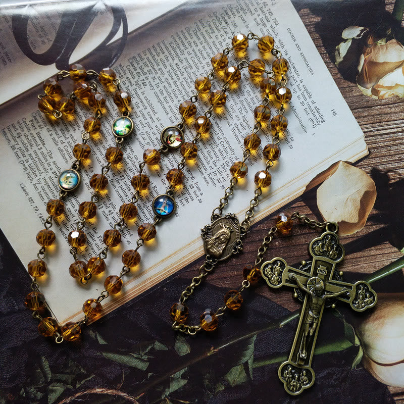 Christianartworkshop Chapelet en alliage de verre jaune polyédrique de 8 mm avec croix et Vierge Marie - Vierge Marie et crucifix - image 0