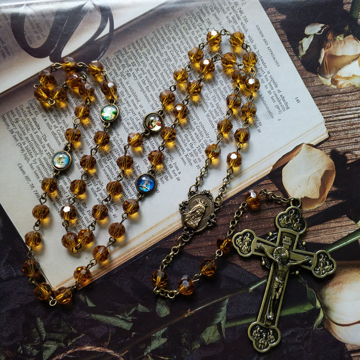 Christianartworkshop Chapelet en alliage de verre jaune polyédrique de 8 mm avec croix et Vierge Marie - Vierge Marie et crucifix - image 0