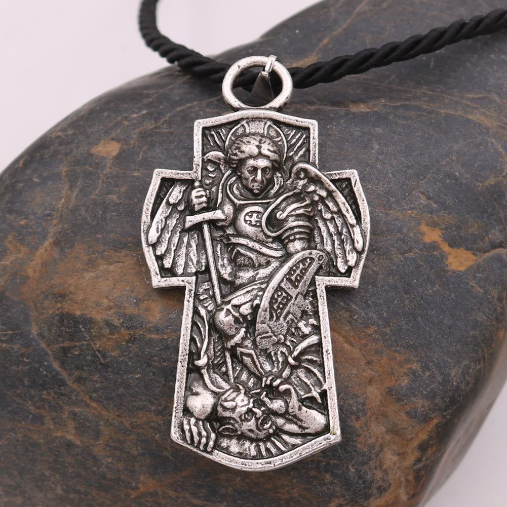 Christianartworkshop Collier pendentif en titane avec médaille de Saint Michel Archange « Protégez-nous » - Argent - corde en coton - image 0