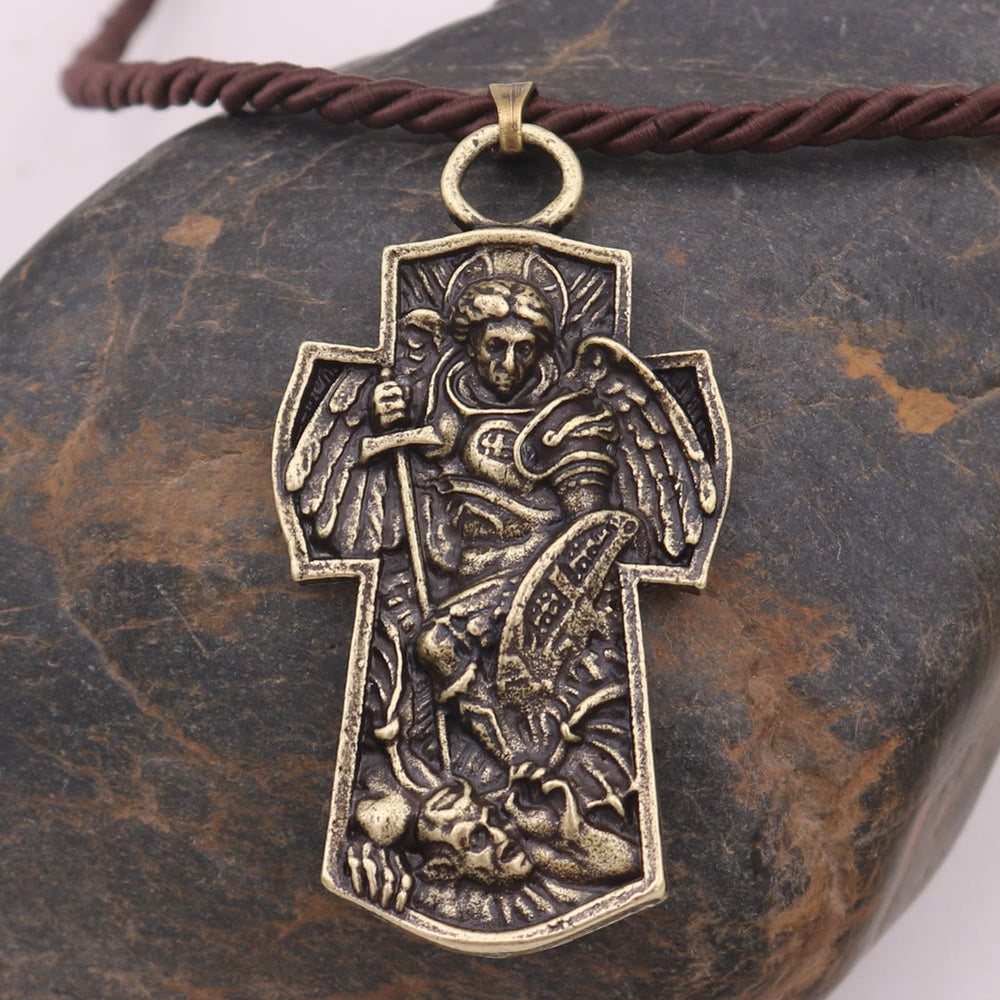 Christianartworkshop Collier pendentif en titane avec médaille de Saint Michel Archange « Protégez-nous » - Doré - corde en coton - image 1