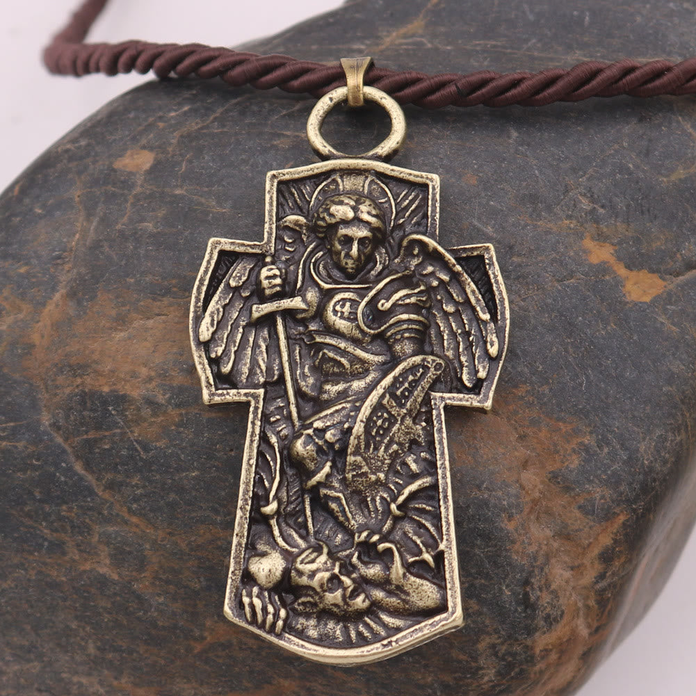 Christianartworkshop Collier pendentif en titane avec médaille de Saint Michel Archange « Protégez-nous » - Doré - corde en coton - image 1