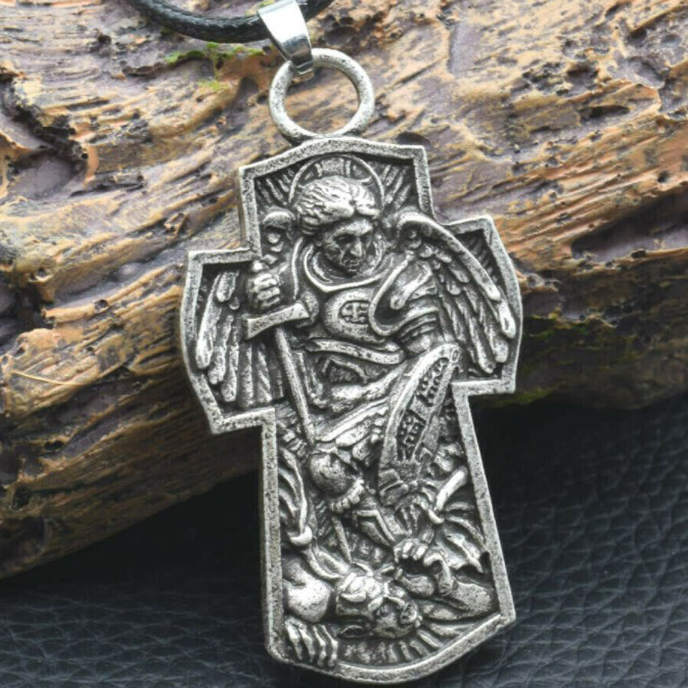 Christianartworkshop Collier pendentif en titane avec médaille de Saint Michel Archange « Protégez-nous » - Argent - Cordon en cuir - image 5