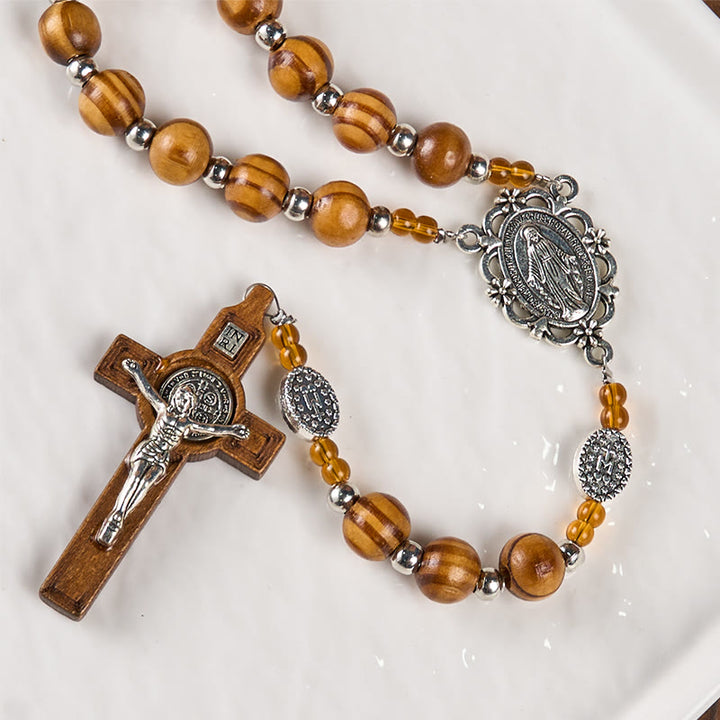 Christianartworkshop Médaille miraculeuse et crucifix en bois brun rond de 8 mm, chapelet en cordon de nylon - image 3