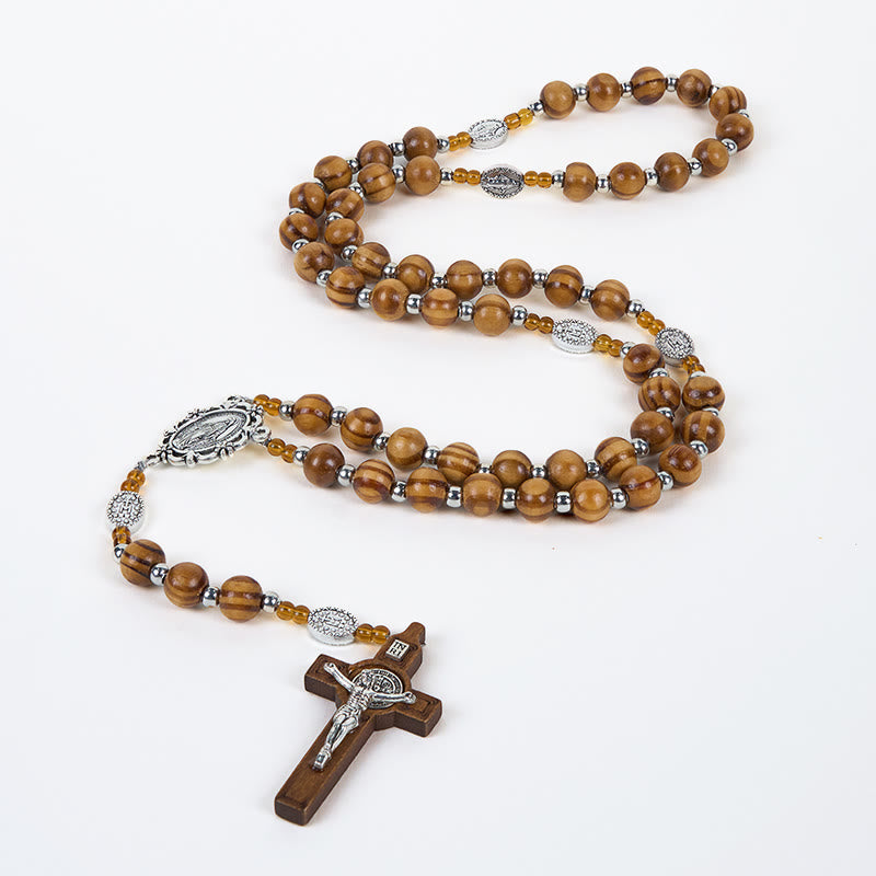Christianartworkshop Médaille miraculeuse et crucifix en bois brun rond de 8 mm, chapelet en cordon de nylon - image 5