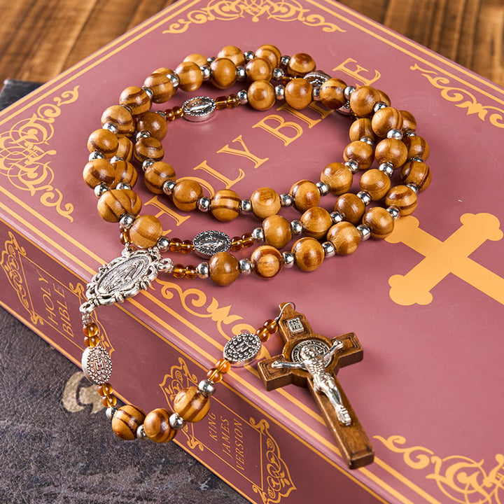 Christianartworkshop Médaille miraculeuse et crucifix en bois brun rond de 8 mm, chapelet en cordon de nylon - Bois - image 0