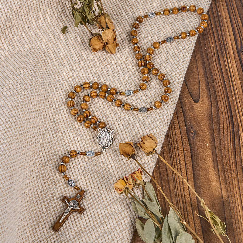 Christianartworkshop Médaille miraculeuse et crucifix en bois brun rond de 8 mm, chapelet en cordon de nylon - image 2