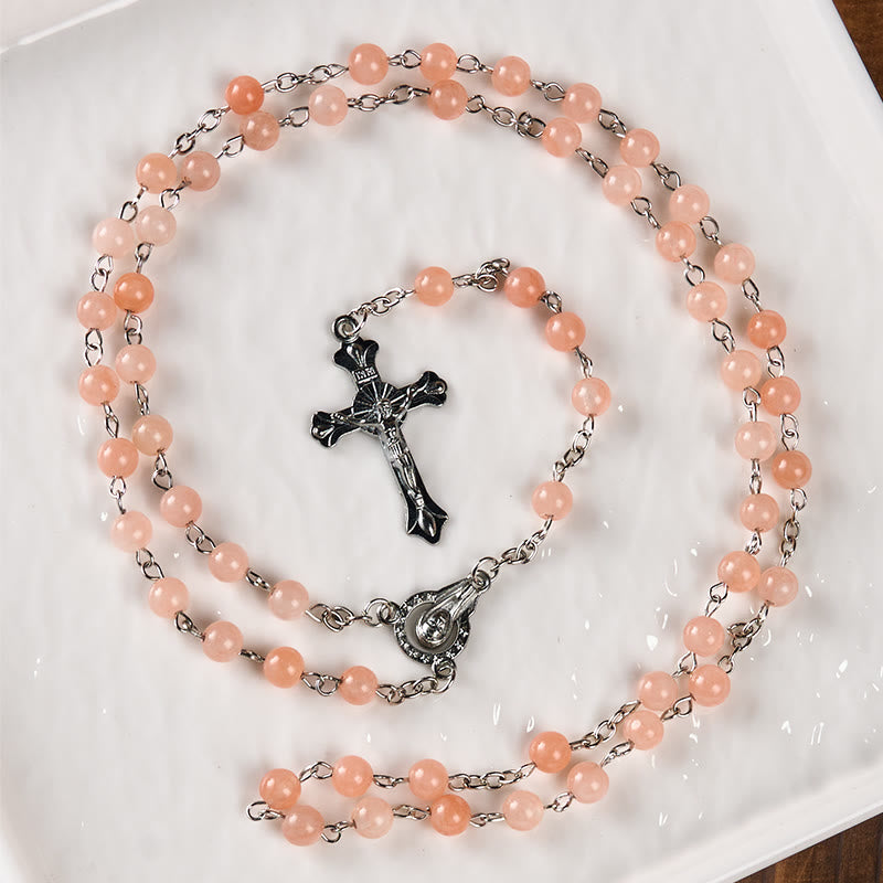 Christianartworkshop Notre-Dame du Rosaire et crucifix en agate rose ronde de 6 mm, chaîne en alliage - image 3