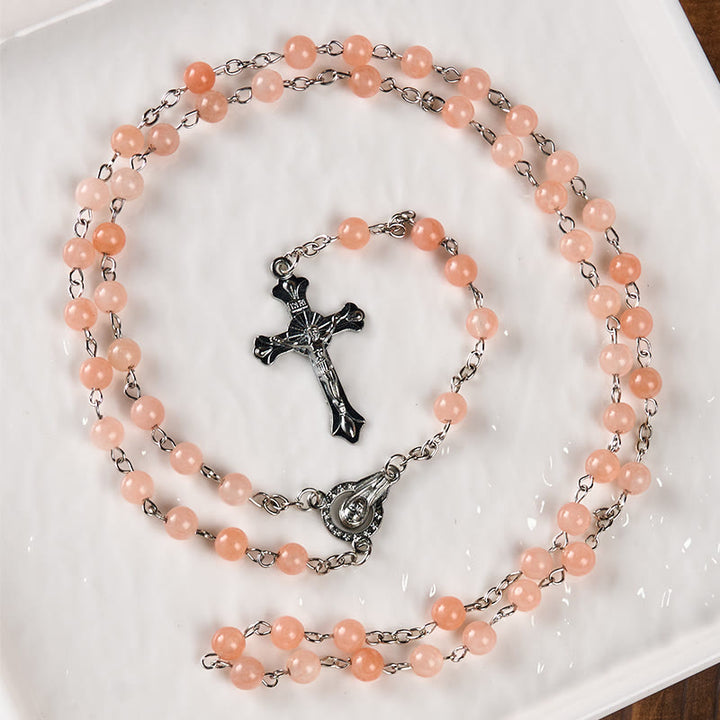 Christianartworkshop Notre-Dame du Rosaire et crucifix en agate rose ronde de 6 mm, chaîne en alliage - image 3