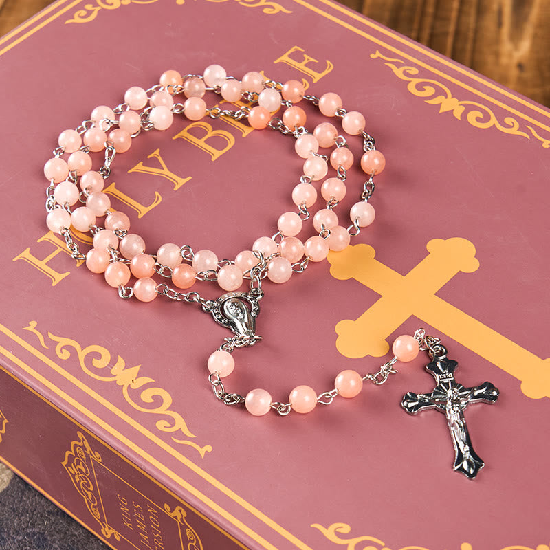Christianartworkshop Notre-Dame du Rosaire et crucifix en agate rose ronde de 6 mm, chaîne en alliage - image 1