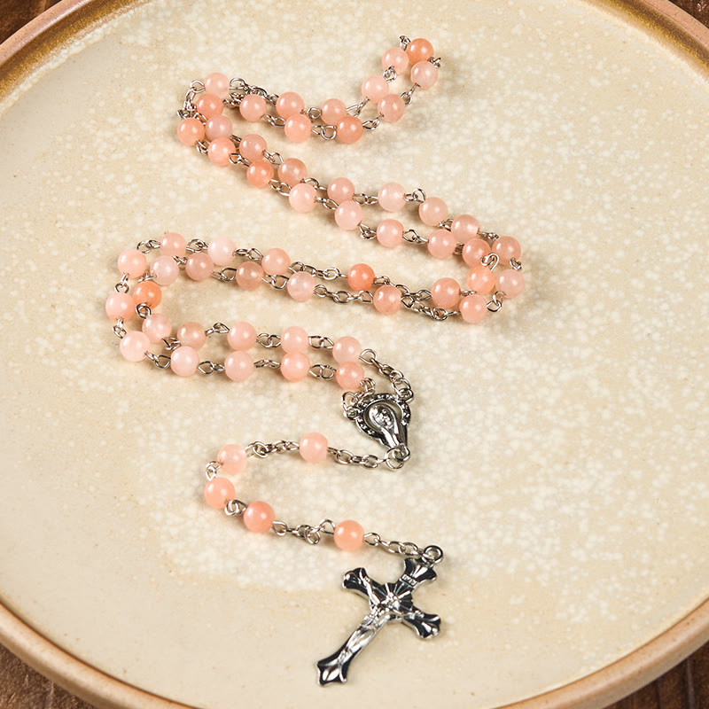 Christianartworkshop Notre-Dame du Rosaire et crucifix en agate rose ronde de 6 mm, chaîne en alliage - Rose - image 0