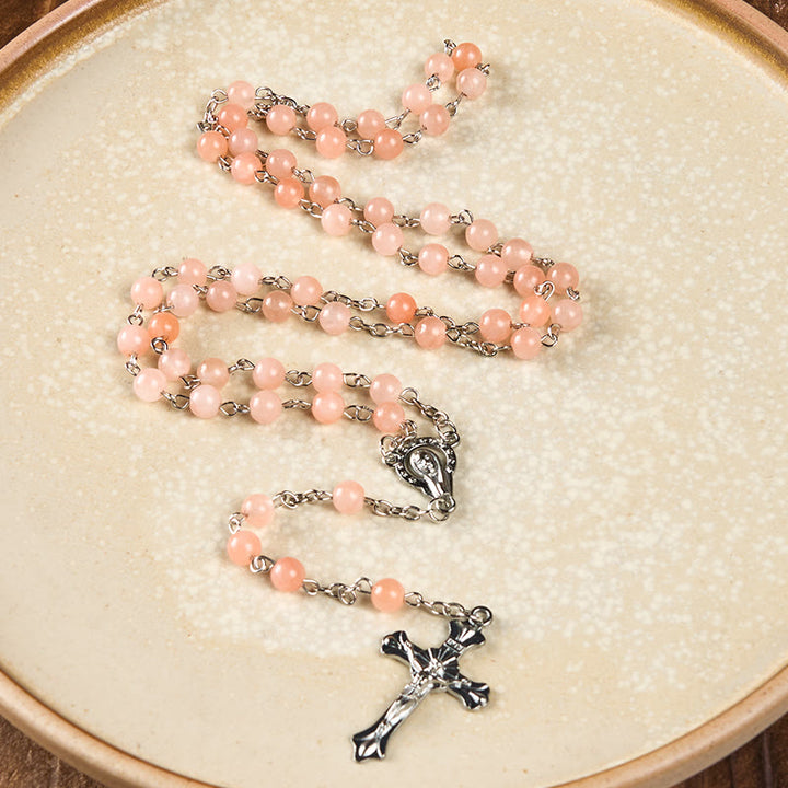 Christianartworkshop Notre-Dame du Rosaire et crucifix en agate rose ronde de 6 mm, chaîne en alliage - Rose - image 0