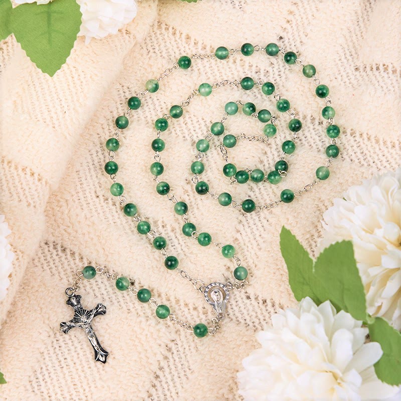 Christianartworkshop Notre-Dame du Rosaire et crucifix en agate verte ronde de 6 mm, chaîne en alliage - image 4